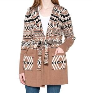 Rachel Zoe Geometric Print Hooded Knit Cardigan Size 1X Tan Multi Street Style